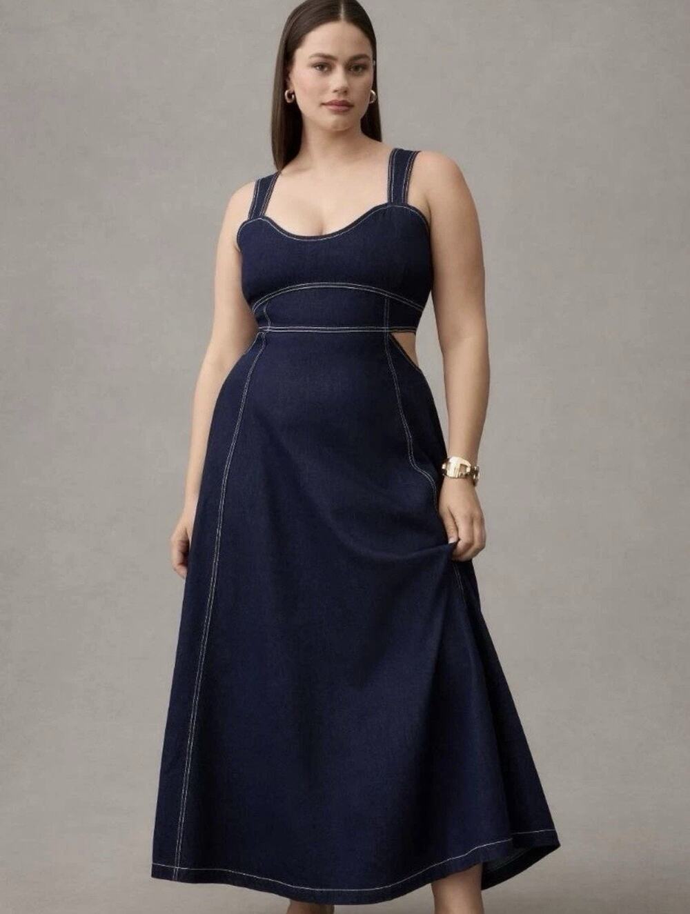 Aureta x Anthropologie Studio Corset Denim Cutout Maxi Dress Dark Wash Size XL